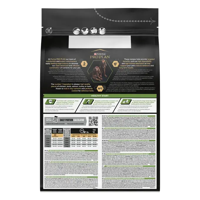 Achterzijde van de verpakking PRO PLAN® Large Athletic Puppy Rijk aan Kip