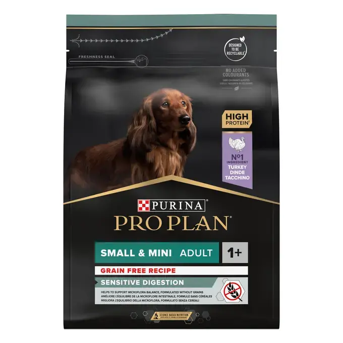 Emballage PRO PLAN® Small & Mini Adult Sensitive Digestion GRAIN FREE Riche en Dinde