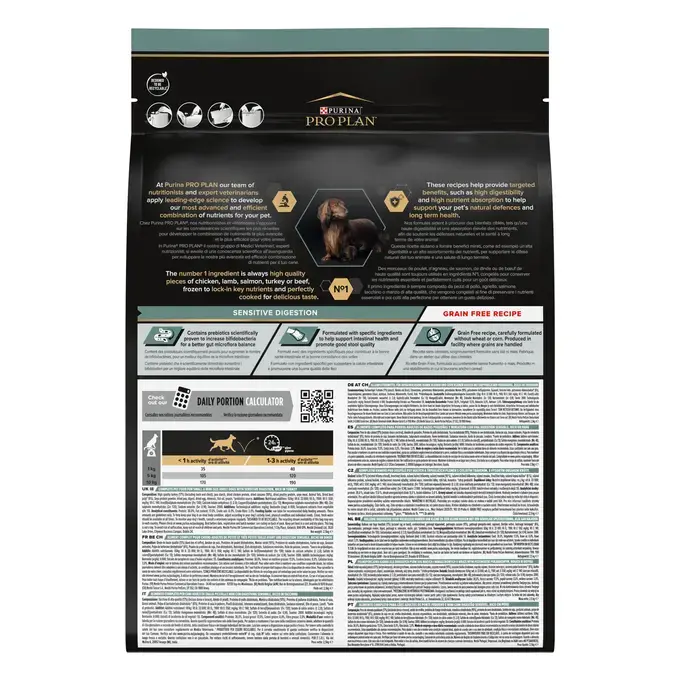 Dos de l'emballage PRO PLAN® Small & Mini Adult Sensitive Digestion GRAIN FREE Riche en Dinde