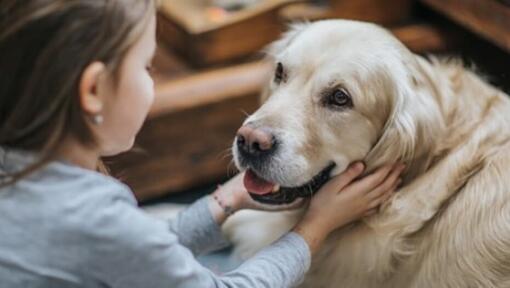 Jong meisje houdt het gezicht van haar hond vast