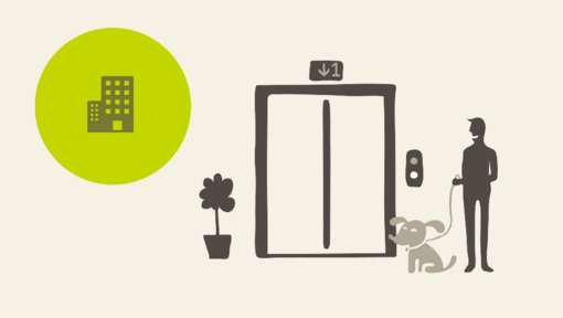 Hond en man wachten op een lift in een kantoor infografiek