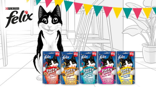 Felix avec sa nourriture humide pour chat Felix Friandises
