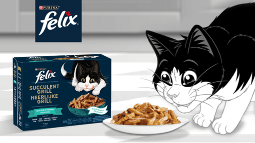 Felix met zijn natte kattenvoeding Felix Heerlijke Grill