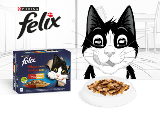Felix met zijn natte kattenvoeding van Felix Heerlijke Duo’s