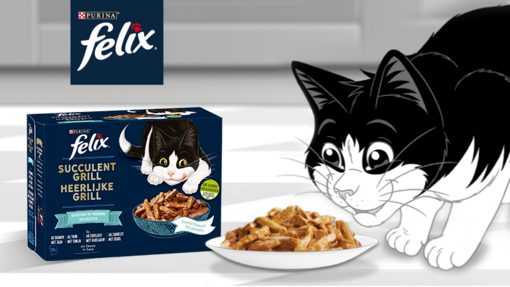 Felix met zijn natte kattenvoeding Felix Heerlijke Grill​