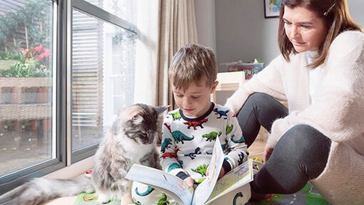 enfant écoutant une histoire avec sa mère et son chat