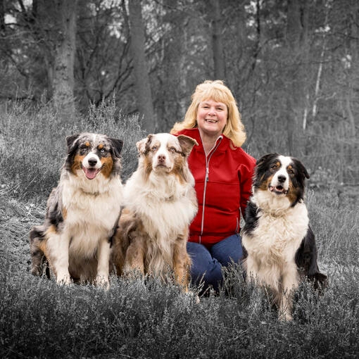 Een vrouw met drie honden zit tegen de achtergrond van het bos