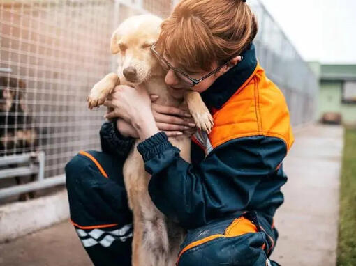 vrouw die een hond in een kennel knuffelt