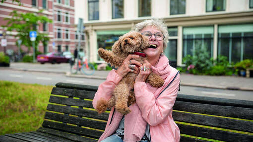 glimlachende vrouw op een bankje met een hond