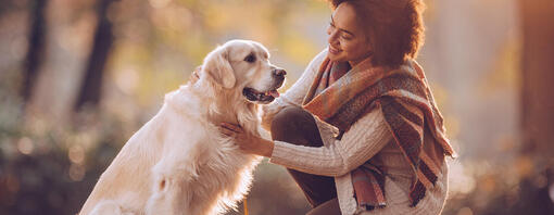 Vrouw met hond in bos